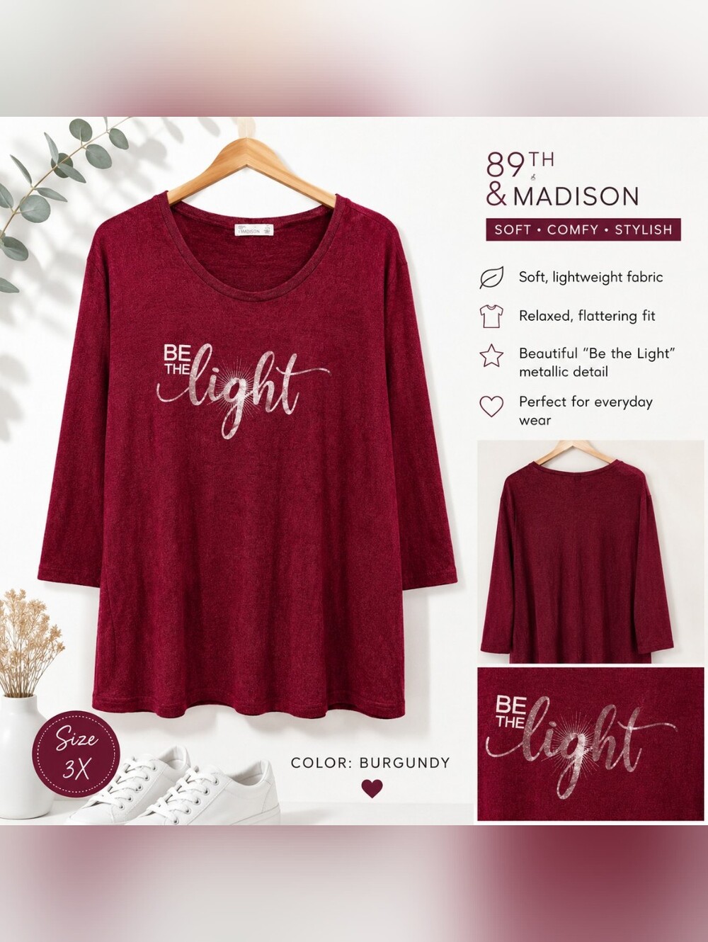 89th & Madison "Be the Light" Burgundy Long Sleeve Knit Top | Women's 3X